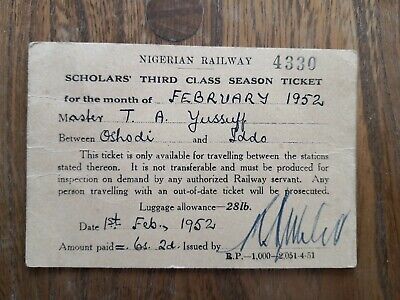 Nigerian Railway Scholars' Third Class Season Ticket, 1952, Oshodi Iddo, photos