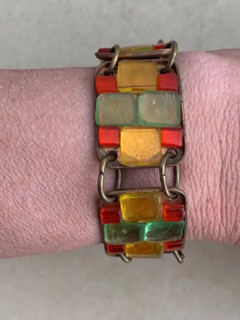 Vintage Francese Designer Bracciale -paved con Verde, Giallo, Red Vetro Elements