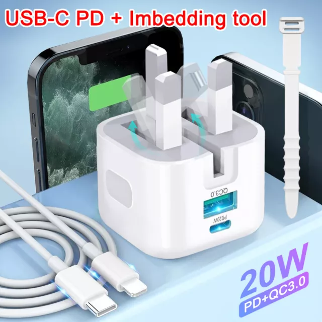 For iPhone 14 13 12 11 Pro XR XS Fast Charging 20W USB-C PD Plug Charger Cable