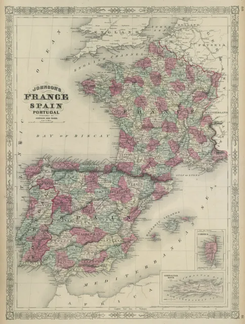 Johnson's France, Spain and Portugal. Corsica Gibraltar Iberia 1865 old map