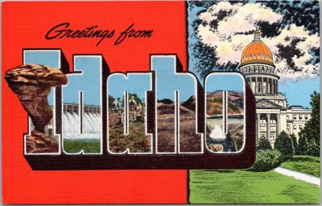 IDAHO Large Letter Greetings Postcard State Capitol / KROPP Linen c1940s Unused