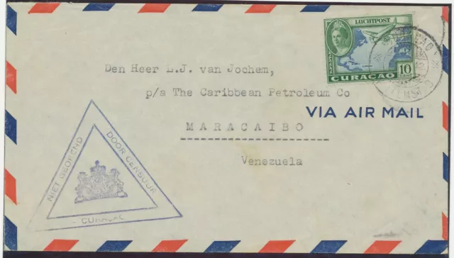 CURACAO 1942 10C airmail issue single postage on superb airmail cover VENEZUELA