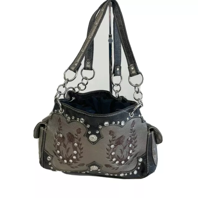 Western Concealed Carry Satchel Rhinestone Embroider Handbag Purse Black M NWOT