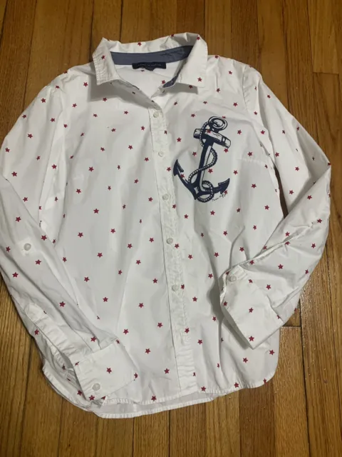 TOMMY HILFIGER Womens White/Red Stars Cuffed Sleeve Collared Button Up Top Med