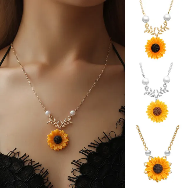 Fashion Sunflower Pearl Pendant Necklace Chain Elegant Women Party Jewelry Gift