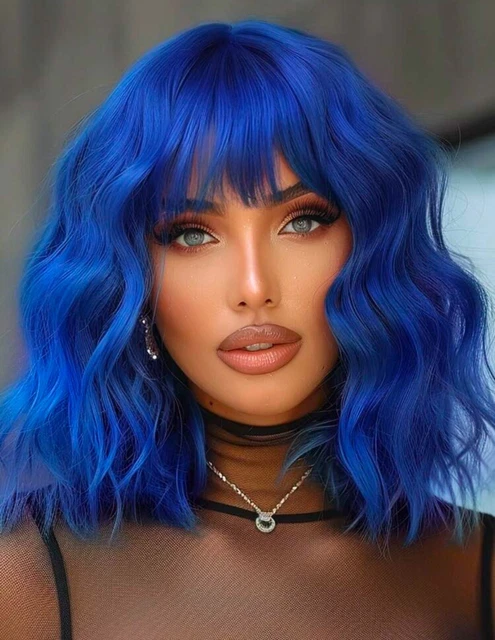 Perruque Courte Synthétique Bleue Lisse Avec Frange - Femme + 4 Bonnets Inclus