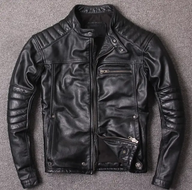 Men’s Motorcycle Biker Black Vintage Cafe Racer Ret Genuine Real Leather Jacket