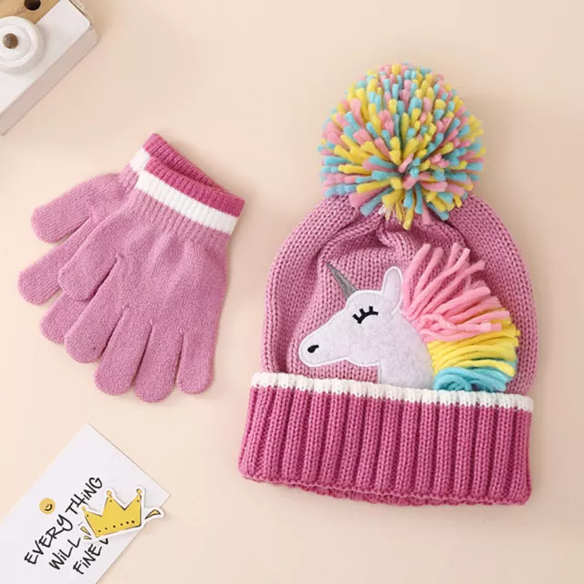 Toddler Baby Unicorn Knit Hat Gloves Set Girls Kids Winter Warm Beanie Pompom