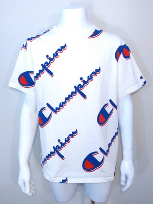 CHAMPION T-Shirt LARGE White Red Blue GRAPHIC TEE All Over Print SIZE L USA SS
