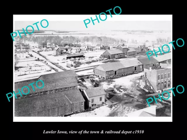 OLD LARGE HISTORIC PHOTO OF LAWLER IOWA VIEW OF RAILROAD DEPOT & TOWN c1910