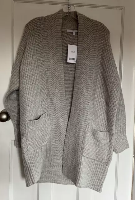 Lovely Next Women's Light Grey Knitted Long Cardigan - Size Medium - New