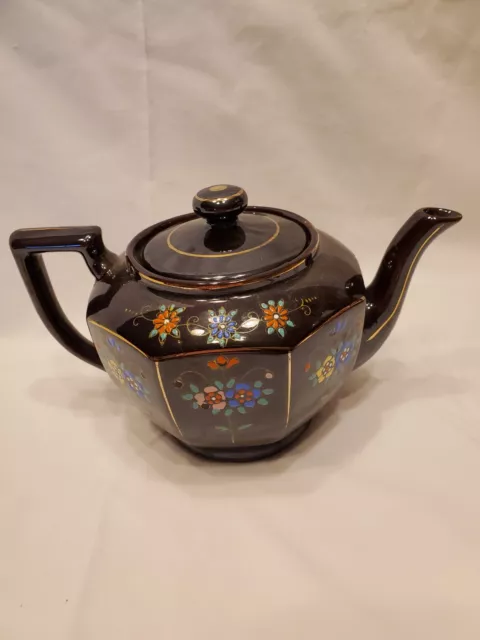 Vintage Hand Painted Gold Trim Dark  Brown Teapot   Made In Japan