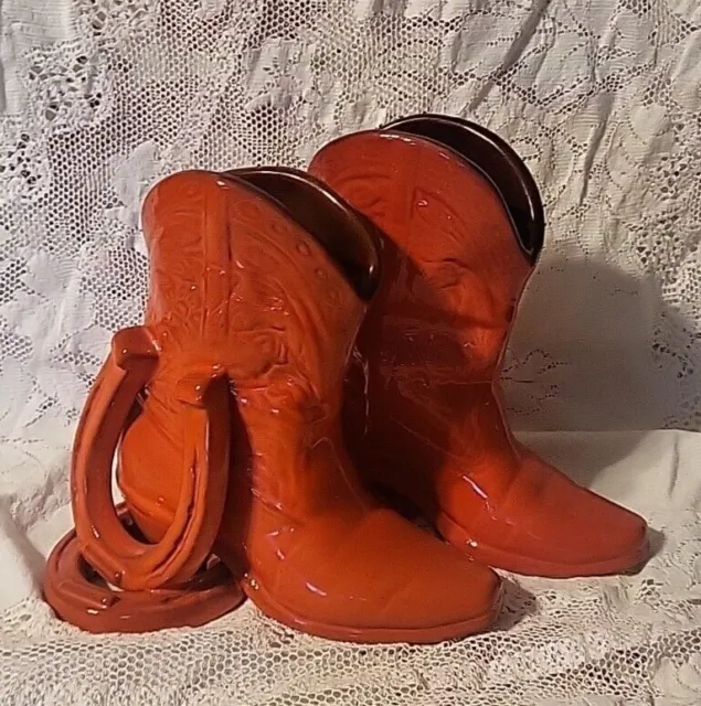 VTG Pair Frankoma 133 Cowboy Boot & Horseshoe Flame Orange Bookend / Planter...