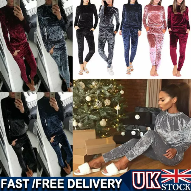 Womens Ladies Crushed Velvet Lounge Suit Set Sweatshirt Lounge Wear Tracksuit UK