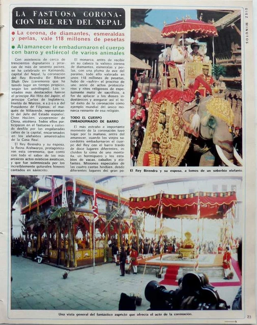KING BIRENDRA OF NEPAL CORONATION => 3 pages 1975 vintage Spanish CLIPPING