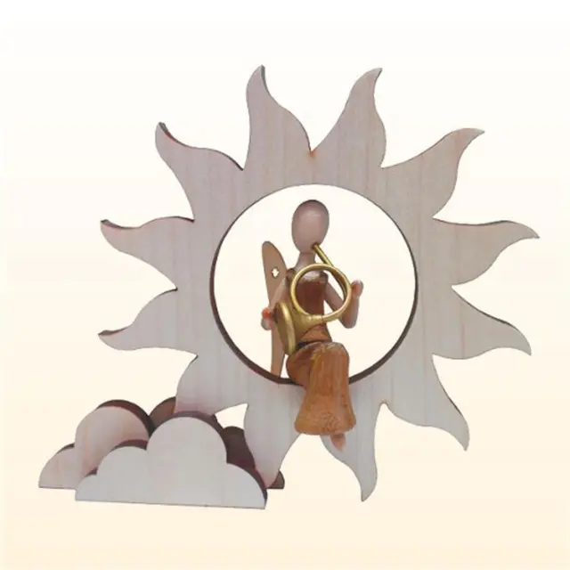 Auslauf 2024!Sternkopf-Engel mini aus Akazienholz mit Waldhorn in Sonne ca. 11cm