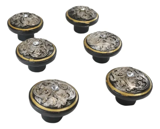 Set Of 6 Western Rustic Silver Floral Scroll With Gold Trim Cabinet Door Knobs
