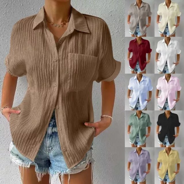 Women Summer Shirts Button Down Blouse Slim Fit Short Sleeve Ladies Tops Work