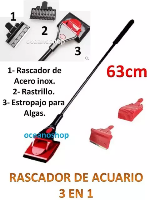 RASCADOR 3 en 1 LIMPIA CRISTALES 63CM ALGAS ACUARIO RASTRILLO ESTROPAJO