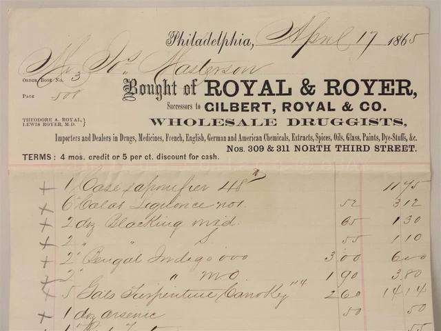 1865 antique ROYAL & ROYER DRUGGIST RECEIPT lancaster pa MASTERSON revenue stamp