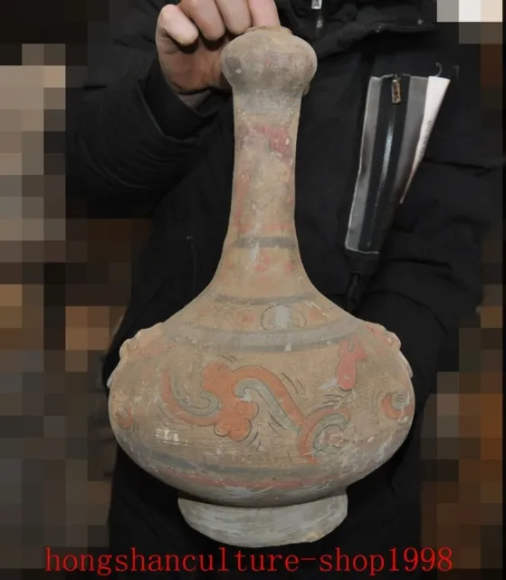 15" old chinese dynasty Tang Sancai Pottery dragon flowers Bottle Pot Vase Jar