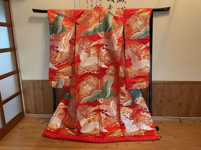 Japanese used Iro uchikake KIMONO Pure Silk bridal dress crane C