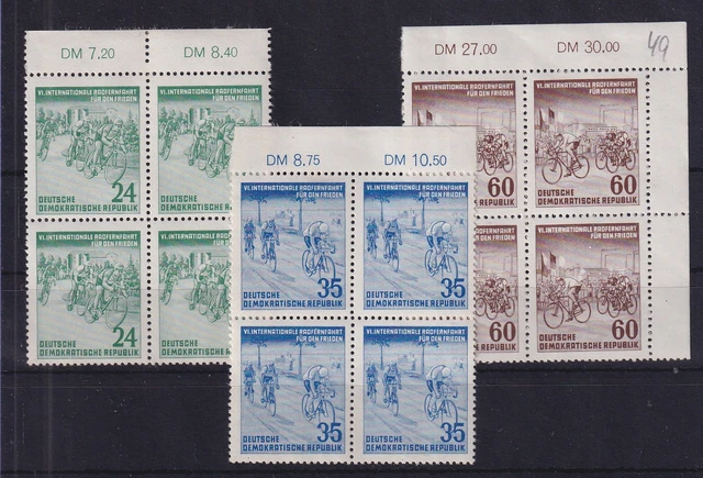 DDR 1953 Friedensfahrt Mi.-Nr. 355-357 Y I je Rand-Viererblock postfrisch **