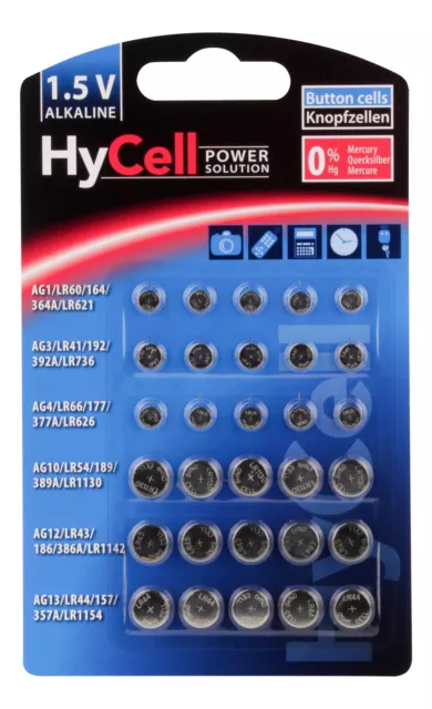 HyCell Alkaline Knopfzellen-Set LR41, LR43, LR44, LR54, LR60, LR66 (30 Stück)