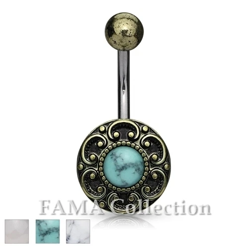 FAMA Antique Gold Plated Heart Filigree Edge Belly Ring w/ Semi Precious Stone