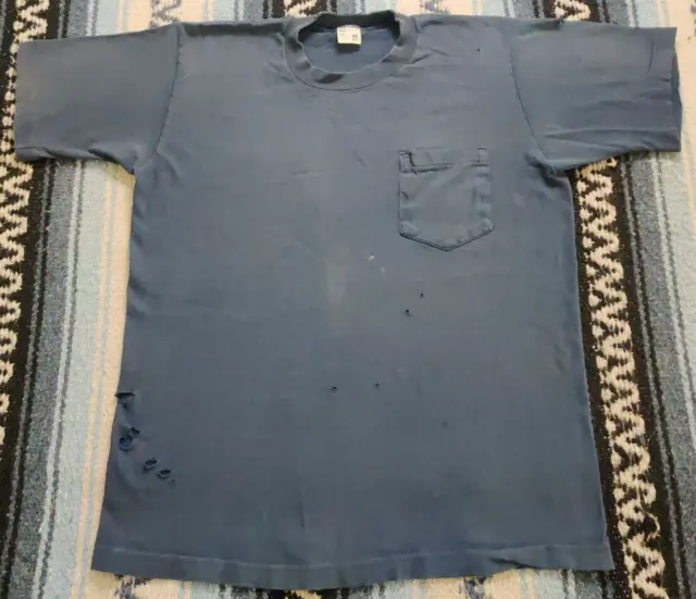 Vtg 90s Blank Blue Distressed Single Stitch Selvedge Pocket T Shirt Men's Size M