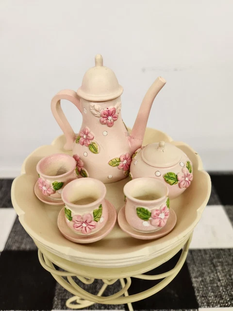 Vtg Heritage Signature Porcelain Doll Pink Tea Party Figurine and Metal Table 2