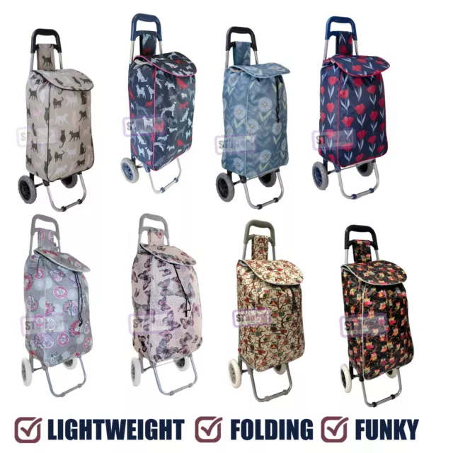 Folding Pull Along 2 Wheel Shopping Trolley Lightweight Funky Trendy Wheeled Bag