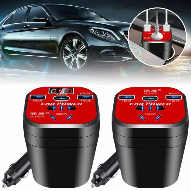 Car Power Inverter Converter 200W 12V/24V-220V 2USB Adapter Ports 1Type-C P0X3