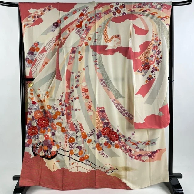 Japanese Kimono Furisode Pure Silk Frail Long-Tailed Fowl Gold Thread Beige