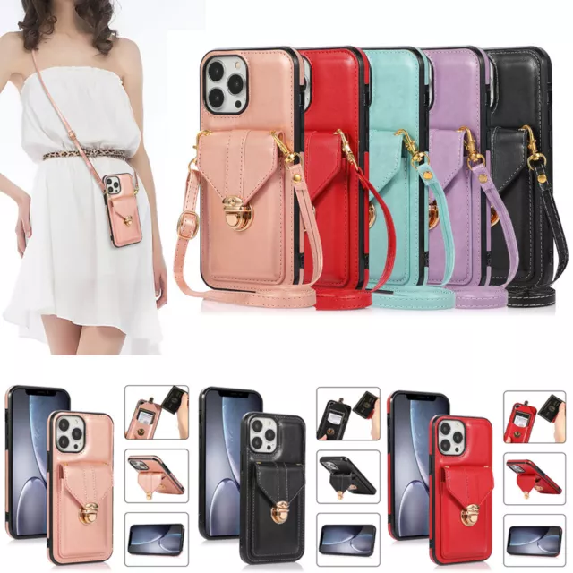 Retro Crossbody Wallet Strap Card Case For iPhone 15 Pro Max 14 13 12 11 XS  XR 8