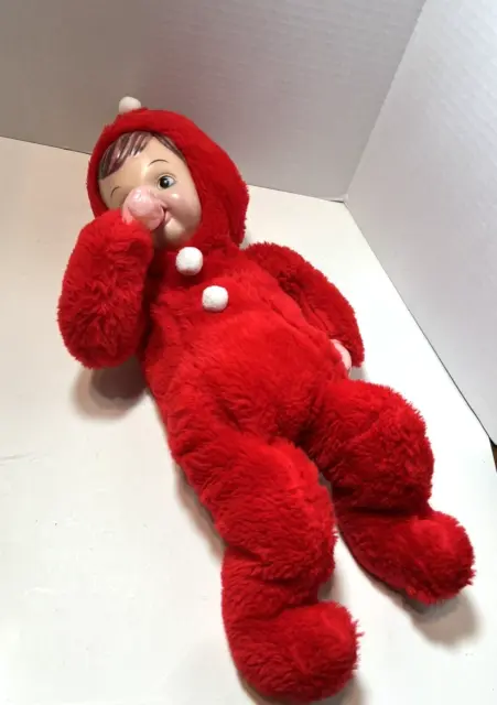 Vintage Baby Doll Rubber Face and Hands Bottle Red Pixie Hat Snowsuit 20” Pompom