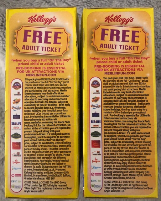 2 Free Entry Ticket Merlin Attractions - Exp 30/6/2024 Fast Delivery