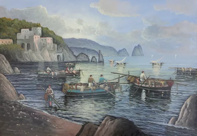 Dipinto Quadro Olio su tela arte figurativa Marina paesaggio pescatori arredo