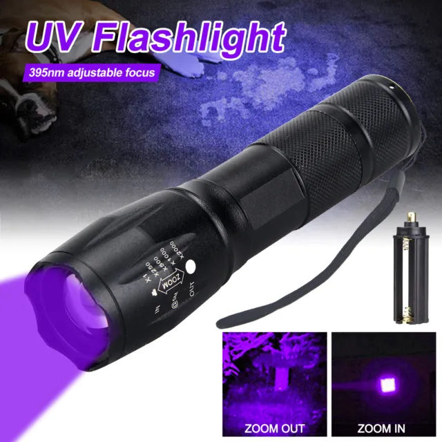 Neu UV Lampe LED Taschenlampe 395nm Zoom Scorpion Bernstein Schwarzlicht Akku