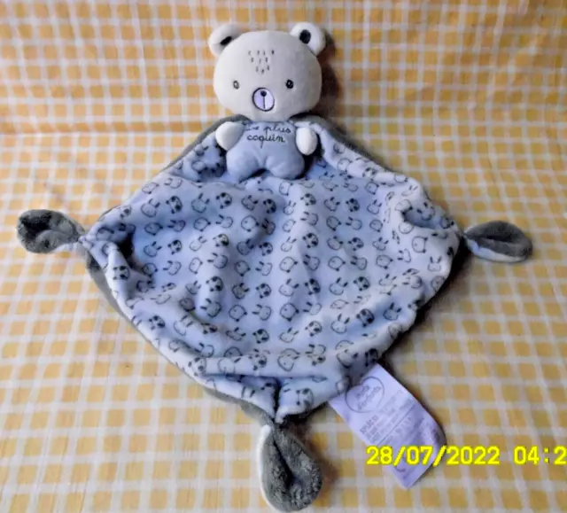 🐞 Doudou Mots D'enfants Ours Panda Koala Le Plus Coquin Gris Bleu Losange 32Cm