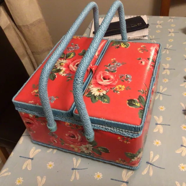 Cath Kidston Red Floral Print Oil Skin Sewing Box