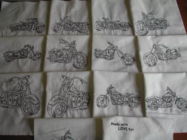 Machine Embroidered Motorcycles Quilt Blocks