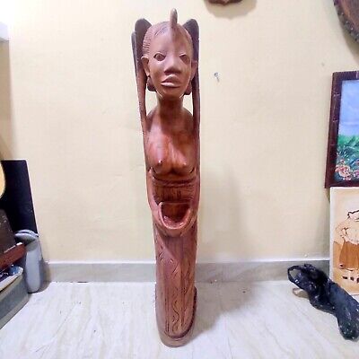 Antique Handmade Heavy Wood Solid Engraved African Woman Carved Large Statue 40"