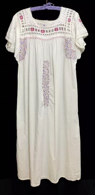 Antique Victorian Cotton Nightgown White Drawn Thread Work Embroidery XL Plus