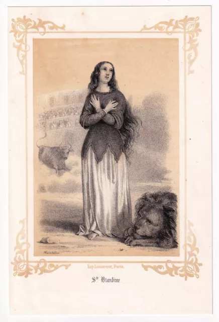 Portrait XIXe Sainte Blandine de Lyon Martyrs de Lyon Rhône Lithographie