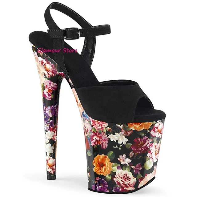 Sexy SANDALI tacco 20 FIORI dal 35 al 40 NERO scamosciato plateau cinturino club