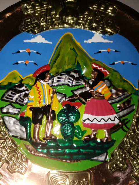 Peru Souvenir Wall Plate in Hammered Copper & Brass Hand Painted BEAUTIFUL😍 2