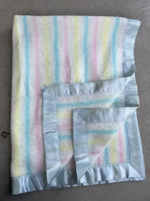 VTG Baby Blanket Pastel Stripes White Yellow Blue Trim Pink Waffle Acrylic MINT!