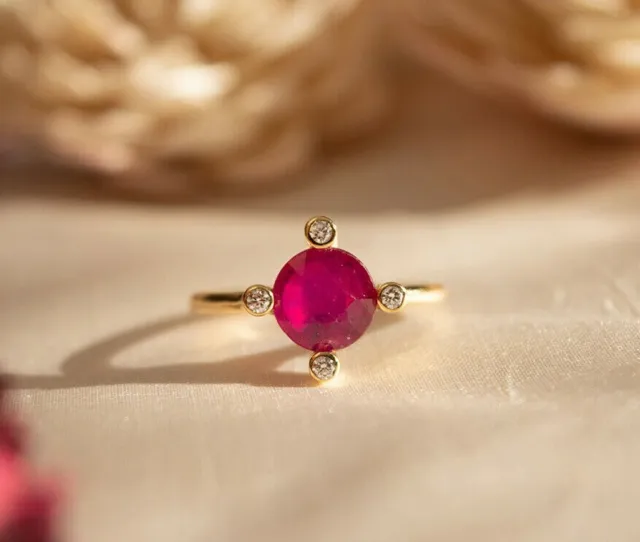 NATURAL GENUINE RUBY & Diamond With 14k Yellow Gold Ring July ...