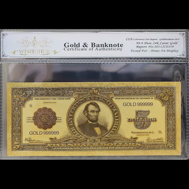 Gold 1923 $5 Five Dollars Banknote Collectible with Bag & Certificate